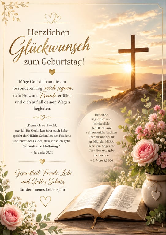 Herzlichen Glückwunsch zum Geburtstag ✨  Möge Gott dich an diesem besonderen Tag reich segnen, dein Herz mit Frieden erfüllen und dich auf all deinen Wegen begleiten.  „Denn er hat seinen Engeln befohlen, dass sie dich behüten auf allen deinen Wegen.“ – Psalm 91,11  Gesundheit, Freude, Liebe und Gottes Schutz für dein neues Lebensjahr. 🙏💛