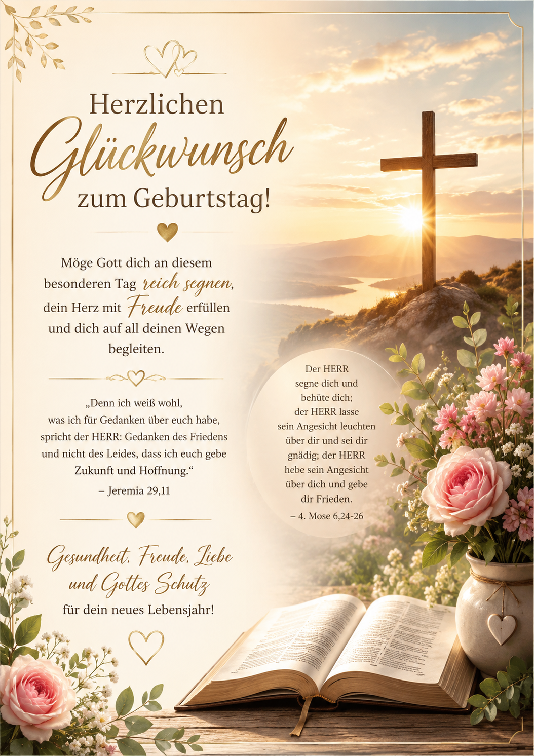 Herzlichen Glückwunsch zum Geburtstag ✨  Möge Gott dich an diesem besonderen Tag reich segnen, dein Herz mit Frieden erfüllen und dich auf all deinen Wegen begleiten.  „Denn er hat seinen Engeln befohlen, dass sie dich behüten auf allen deinen Wegen.“ – Psalm 91,11  Gesundheit, Freude, Liebe und Gottes Schutz für dein neues Lebensjahr. 🙏💛